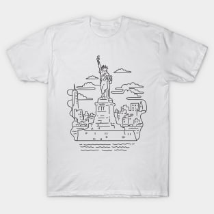Statue of Liberty with New York City Skyline USA Mono Line Art T-Shirt
